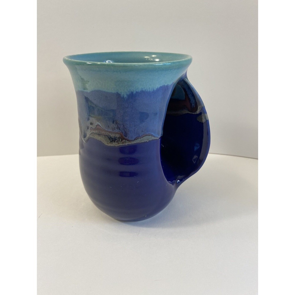 Neher Pottery Right Handed Hand Warmer Mug Turquoise and Royal Glaze Signed 2014 - Picture 1 of 6